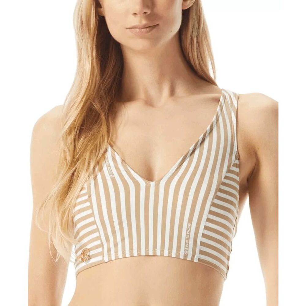 MICHAEL Michael Kors Women's Logo Striped Cropped Bikini Top - Khaki S